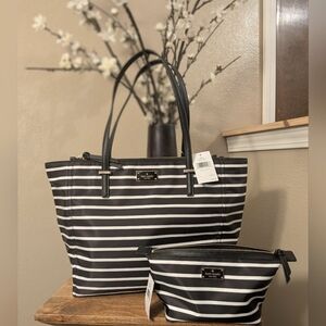 Kate Spade Nylon French Stripe Tote and Cosmetic Bag Set - black/white NWT!